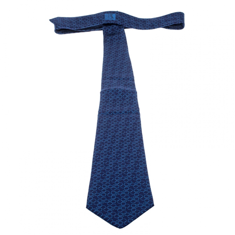 Pre Owned Hermes Blue Geometric Printed Silk Tie