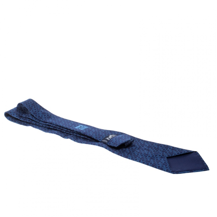 Pre Owned Hermes Blue Geometric Printed Silk Tie