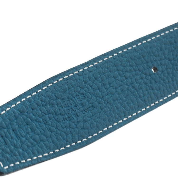 Pre Owned Hermès Black/Blue Leather Reversible Silver Metal Finished H Buckle Belt 105 CM