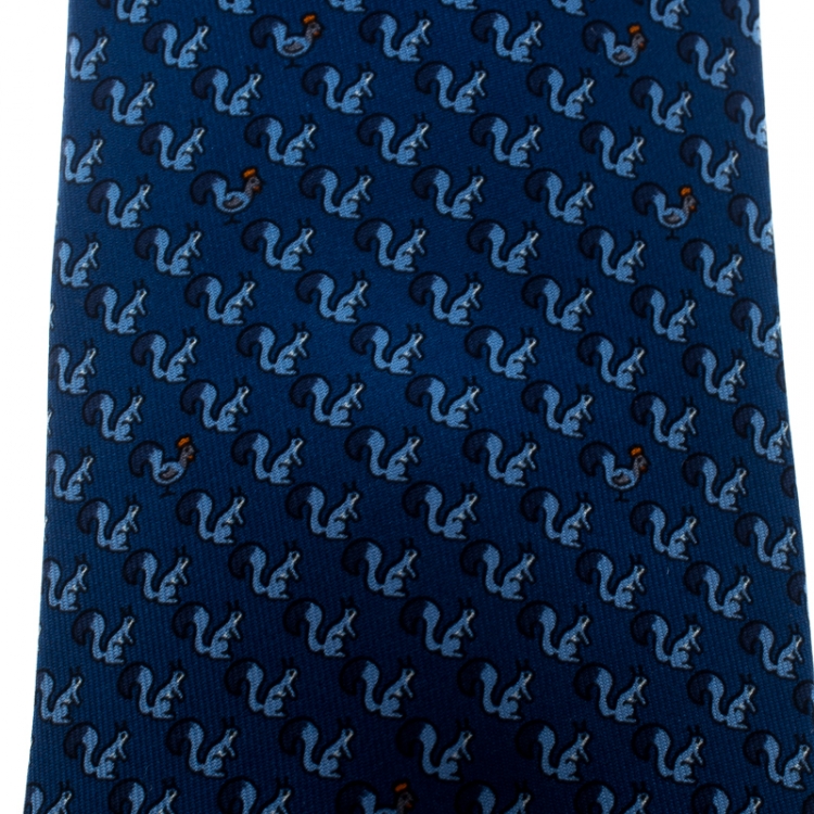 Pre Owned Hermes Blue Gradient Hen and Squirrel Printed Silk Tie