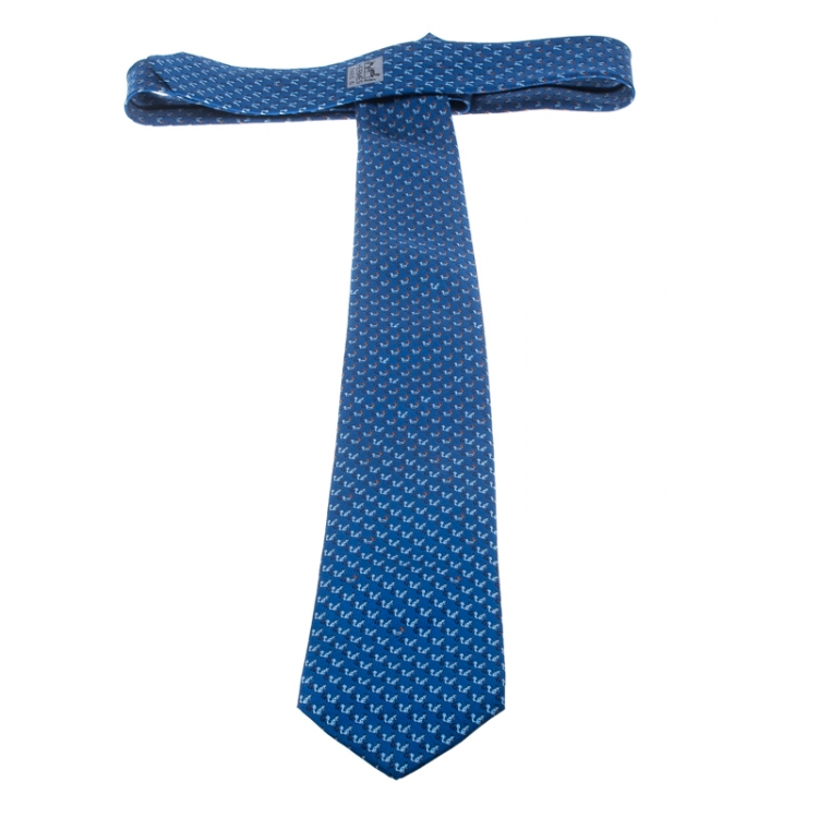 Pre Owned Hermes Blue Gradient Hen and Squirrel Printed Silk Tie