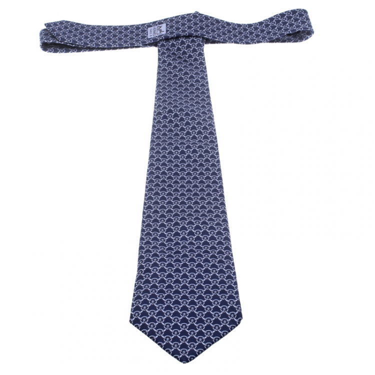 Pre Owned Hermes Vintage Navy Blue Link Printed Silk Tie