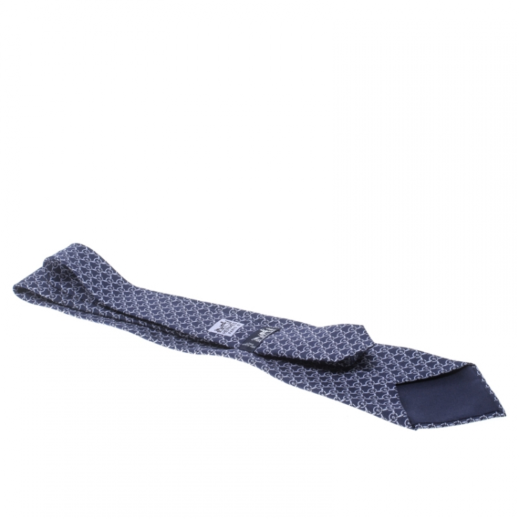 Pre Owned Hermes Vintage Navy Blue Link Printed Silk Tie