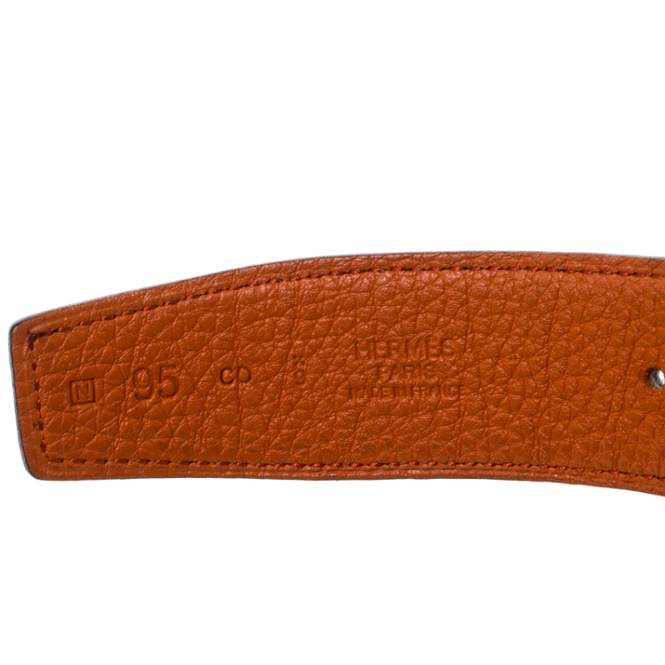 Pre Owned Hermes Black/Orange Swift Leather Reversible H Buckle Belt 95cm