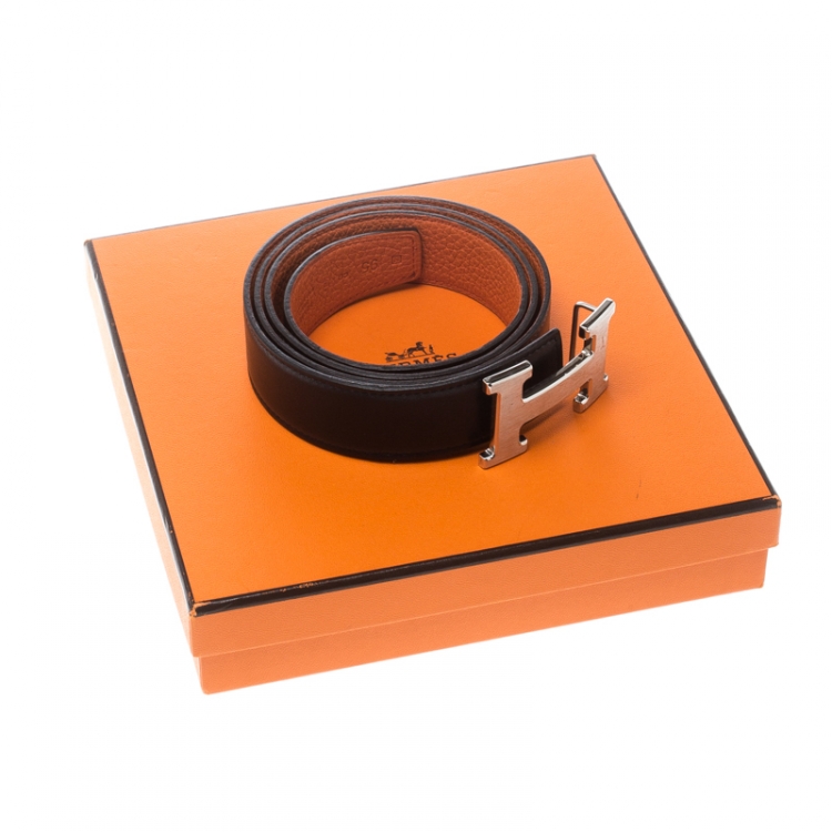 Pre Owned Hermes Black/Orange Swift Leather Reversible H Buckle Belt 95cm