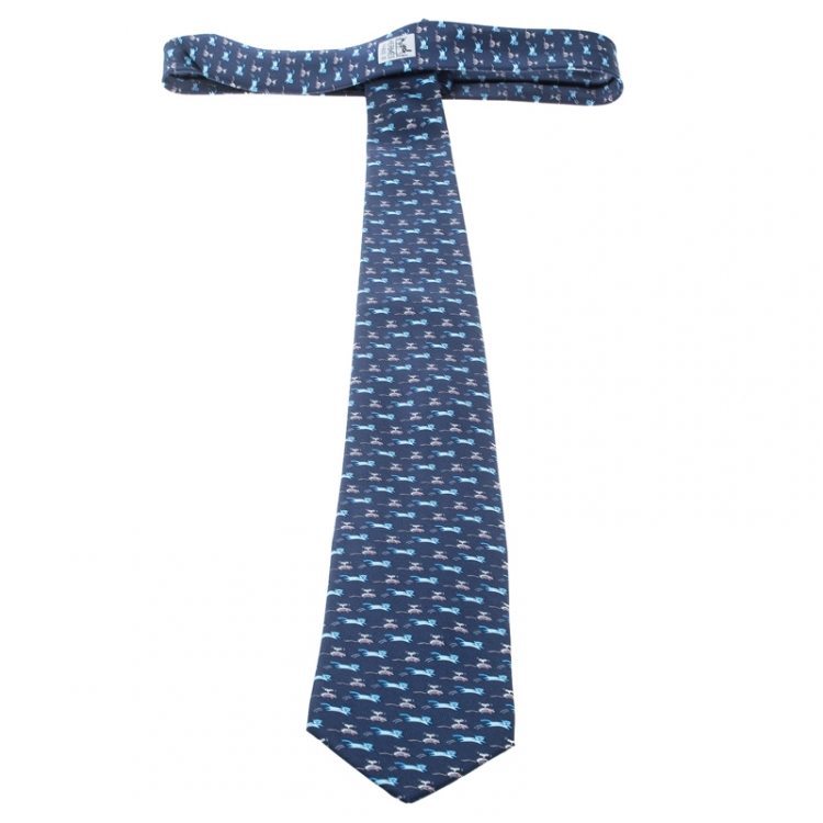 Pre Owned Hermes Navy Blue Cat and Mouse Printed Silk Twill Tie 