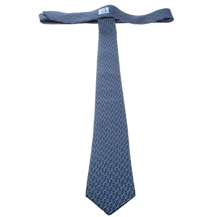 Pre Owned Hermes Navy Blue Printed Silk Twill Tie 