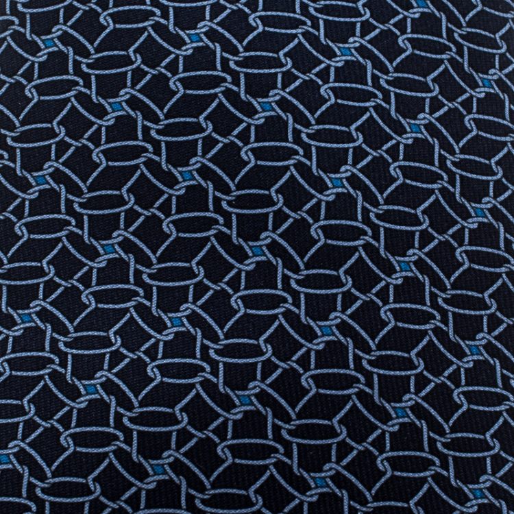 Pre Owned Hermes Navy Blue Printed Silk Twill Tie 