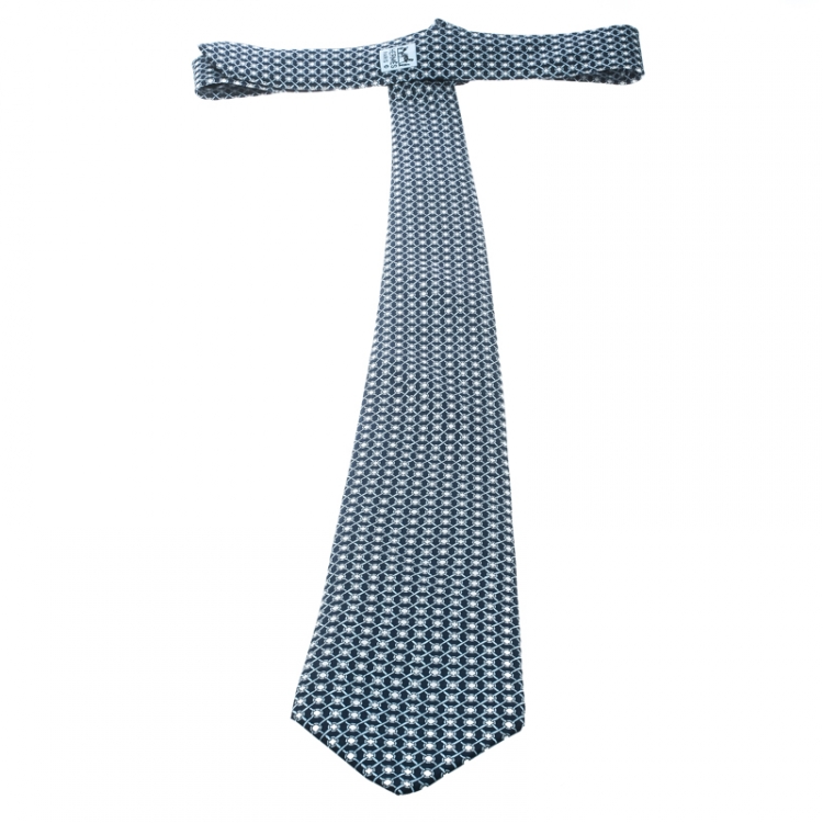 Pre Owned Hermes Navy Blue Link Pattern Printed Silk Tie