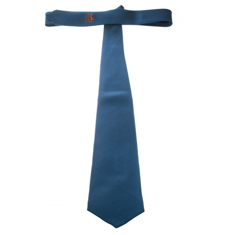 Pre Owned Hermes Blue Mini Diamond Pattern Silk Jacquard Tie