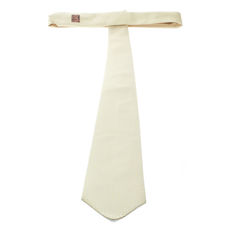 Pre Owned Hermes Pastel Yellow Patterned Silk Jacquard Tie