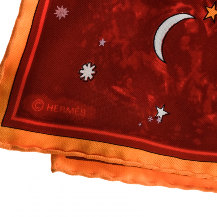 Pre Owned Hermes Red L'annee des Etoiles Printed Silk Pocket Square