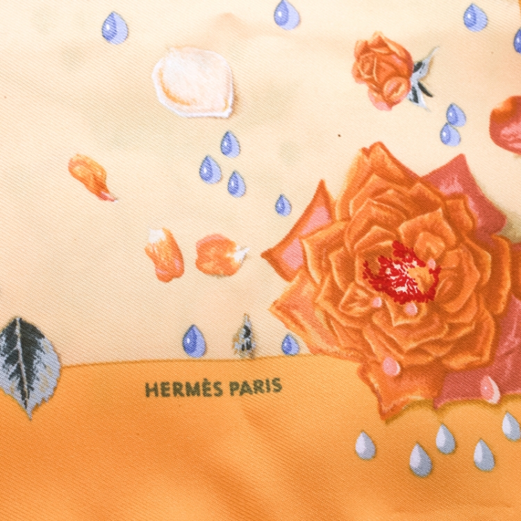 Pre Owned Hermes Yellow Floral Printed Silk Pocket Square