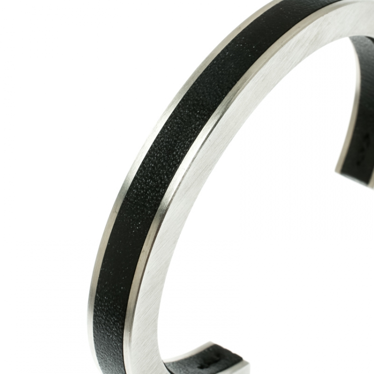 Pre Owned Hermes Black Leather Silver Tone Open Cuff Bracelet 