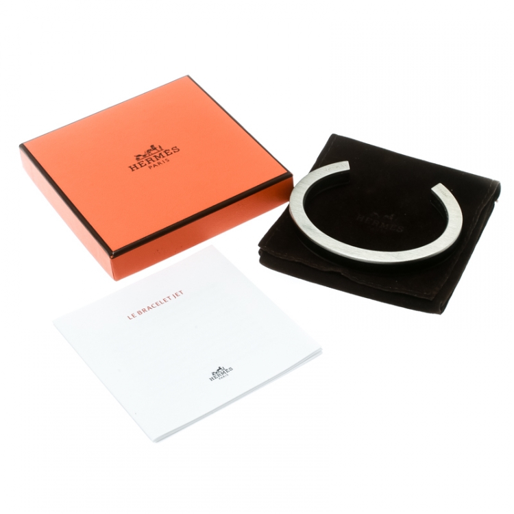 Pre Owned Hermes Black Leather Silver Tone Open Cuff Bracelet 