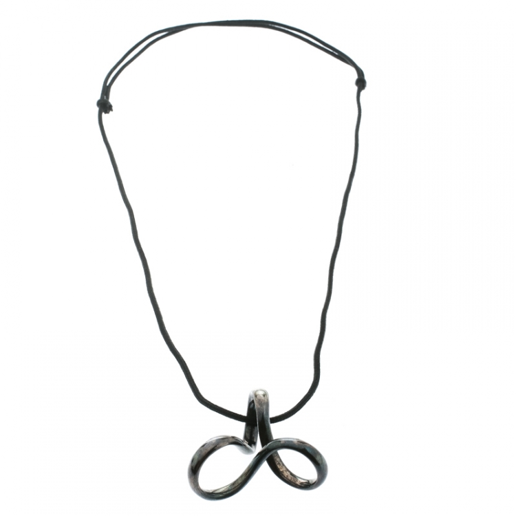 Pre Owned Hermes Twisted Silver Pendant Black Cord Necklace