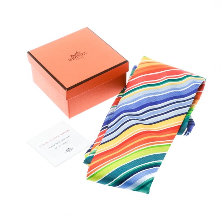 Pre Owned Hermess Multicolor Diagonal Rainbow Striped Silk Tie
