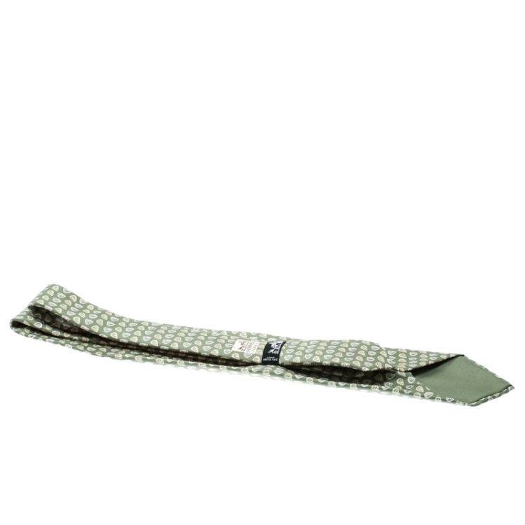 Pre Owned Hermes Pistacchio Green Printed Silk Traditional Tie