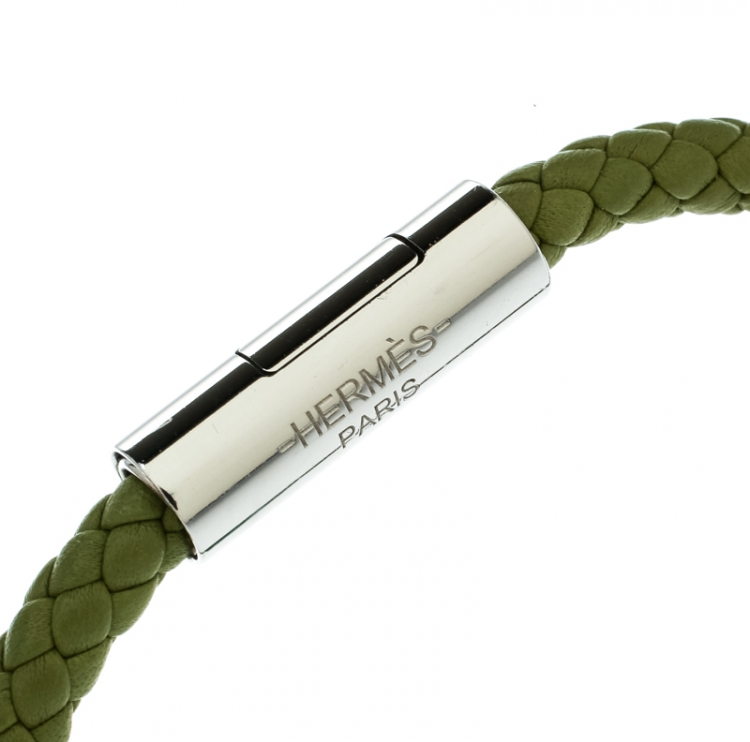 Pre Owned Hermes Goliath Green Woven Leather Palladium Plated Bracelet