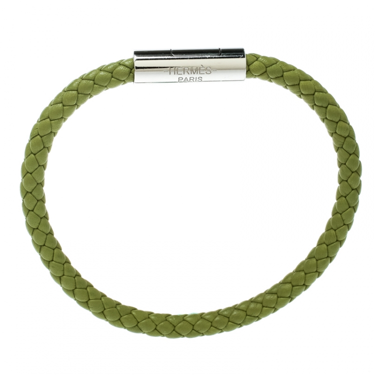Pre Owned Hermes Goliath Green Woven Leather Palladium Plated Bracelet