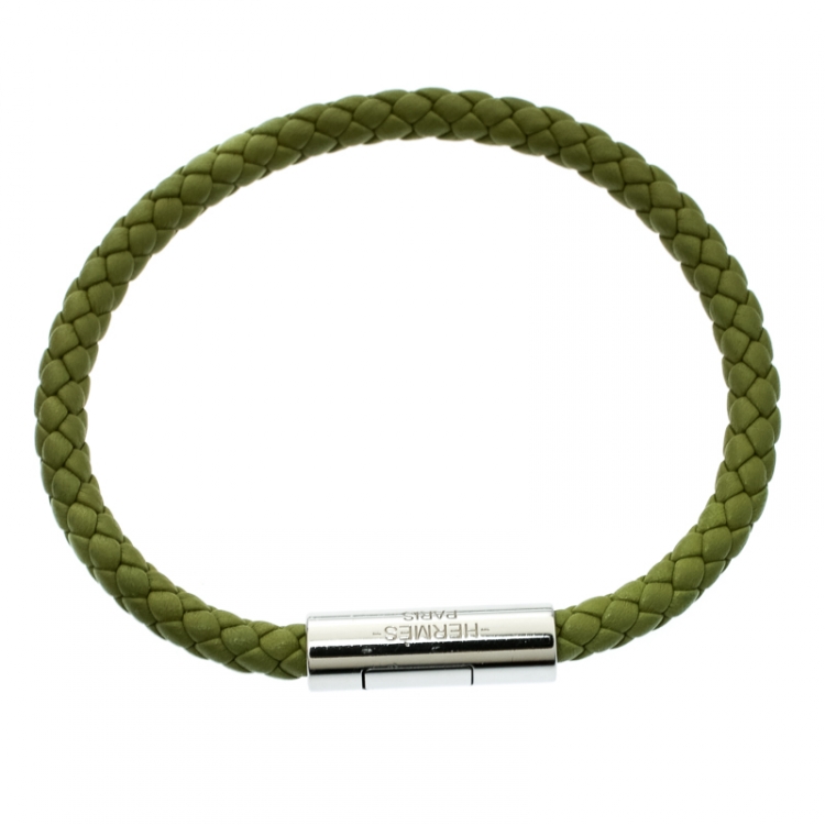 Pre Owned Hermes Goliath Green Woven Leather Palladium Plated Bracelet