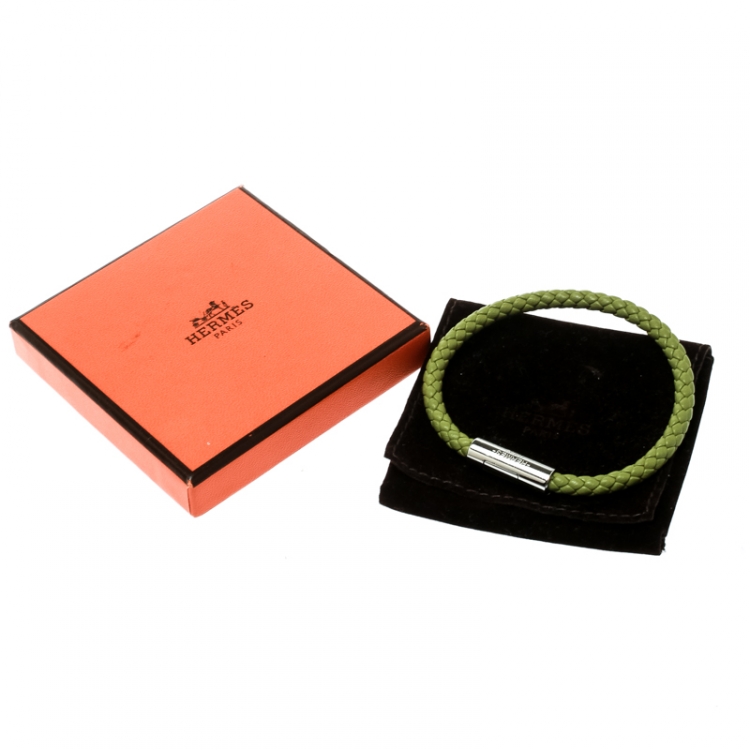 Pre Owned Hermes Goliath Green Woven Leather Palladium Plated Bracelet