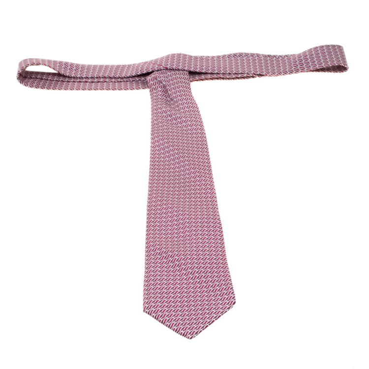 Pre Owned Hermes Burgundy Modern Geometric H Link Printed Silk Tie