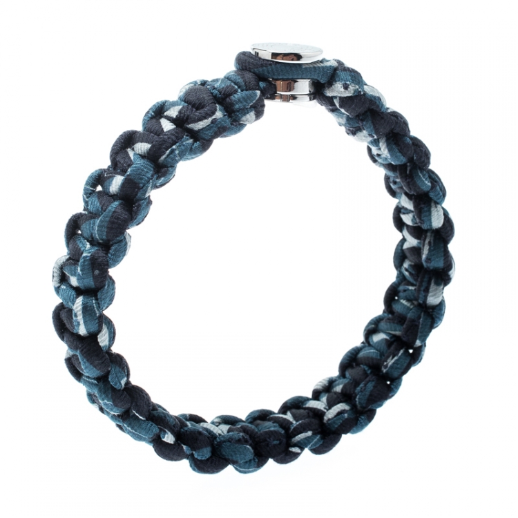 Pre Owned Hermes Blue Silk Twill Kid Palladium Plated Bracelet Size T4