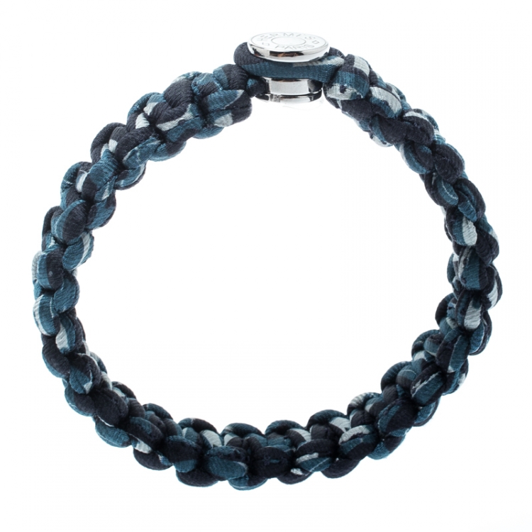 Pre Owned Hermes Blue Silk Twill Kid Palladium Plated Bracelet Size T4