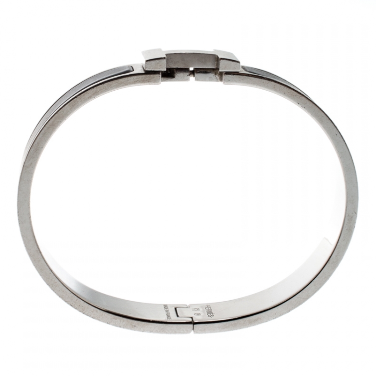 Pre Owned Hermes Clic HH Black Enamel Brushed Palladium Plated Bracelet GM