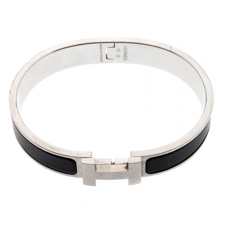 Pre Owned Hermes Clic HH Black Enamel Brushed Palladium Plated Bracelet GM