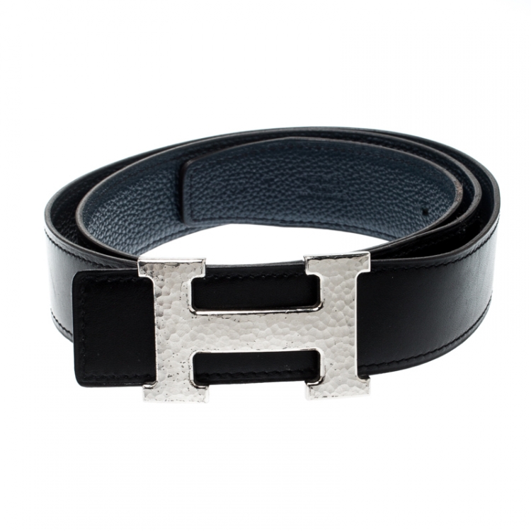Hermès Black/Blue Leather Reversible Silver Hammered Finished H Buckle Belt  90cm Hermes