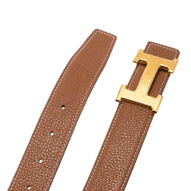 Pre Owned Hermès Black/Brown Leather Reversible Gold Grooved Finished H Buckle Belt 85cm