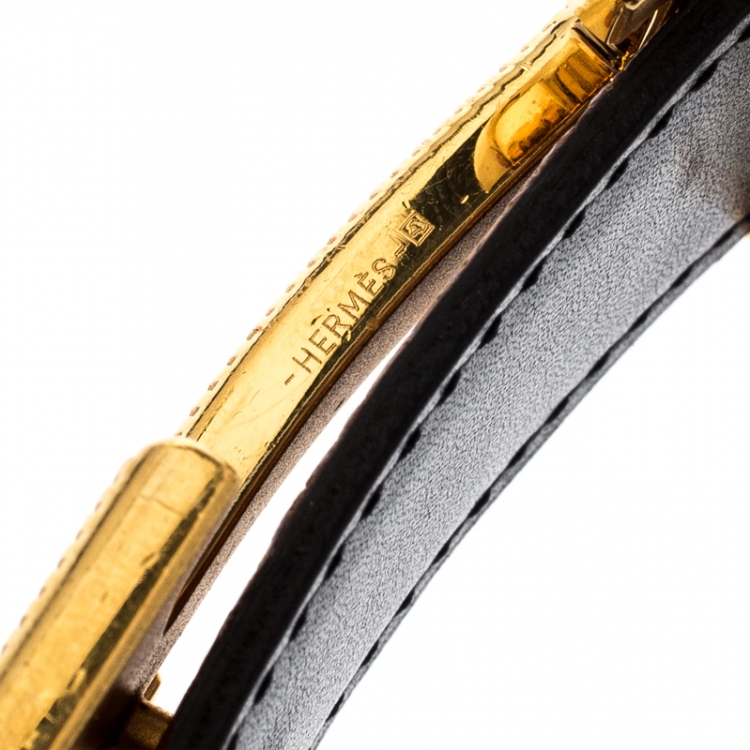 Pre Owned Hermès Black/Brown Leather Reversible Gold Grooved Finished H Buckle Belt 85cm