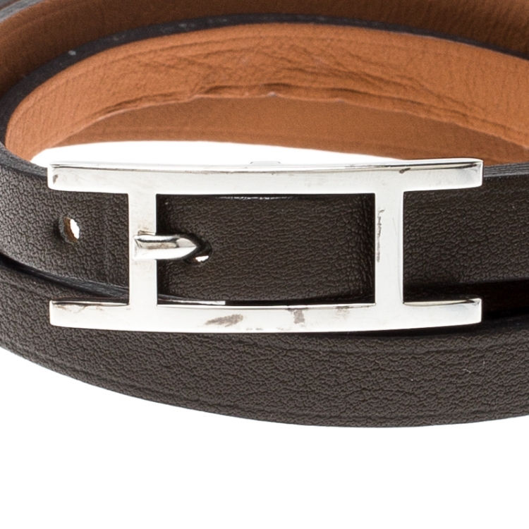 Pre Owned Hermes Hapi 3 Dark Green Leather Palladium Plated Wrap Bracelet
