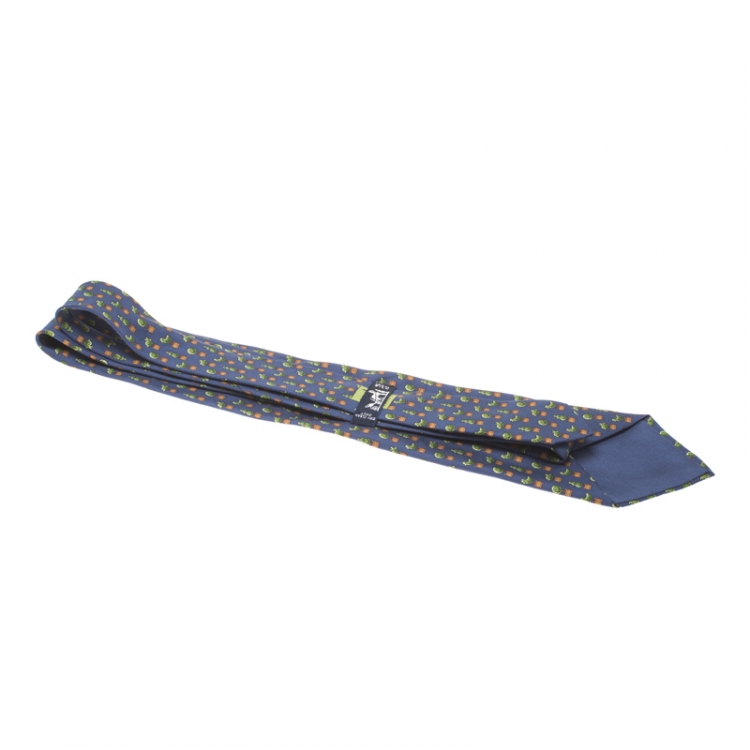 Pre Owned Hermes Navy Blue Whimsical Topiary Animal Printed Silk Traditional Tie