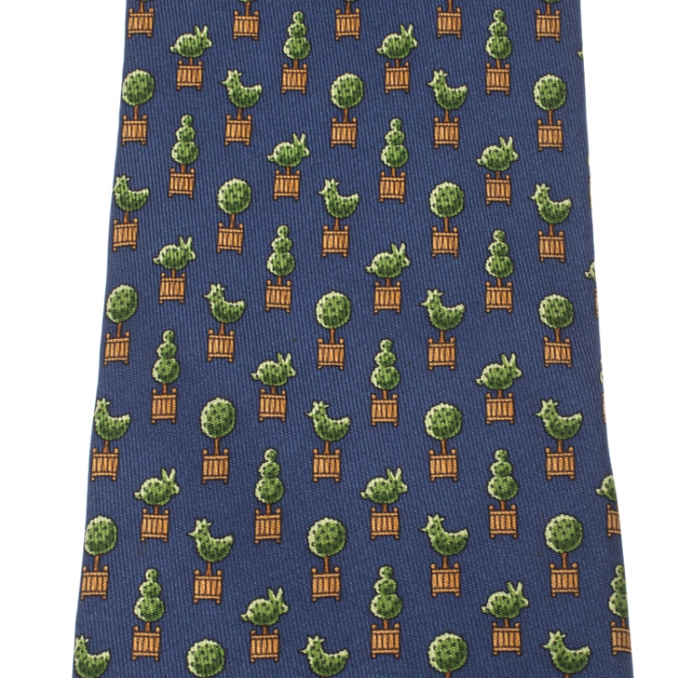 Pre Owned Hermes Navy Blue Whimsical Topiary Animal Printed Silk Traditional Tie