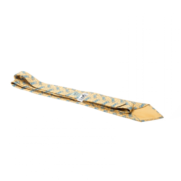 Pre Owned Hermes Yellow Magic Carpet Printed Silk Traditional Tie