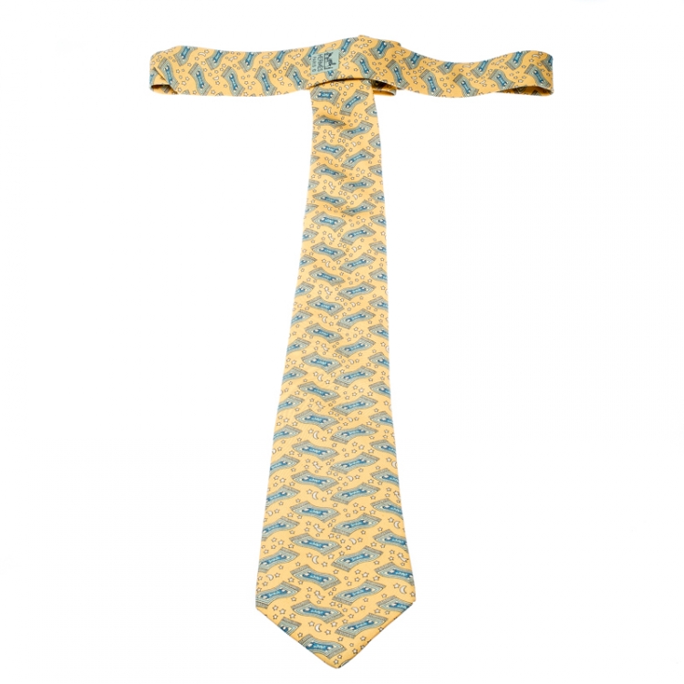 Pre Owned Hermes Yellow Magic Carpet Printed Silk Traditional Tie