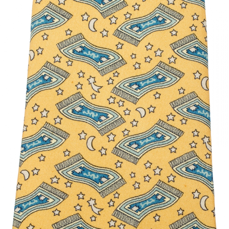 Pre Owned Hermes Yellow Magic Carpet Printed Silk Traditional Tie