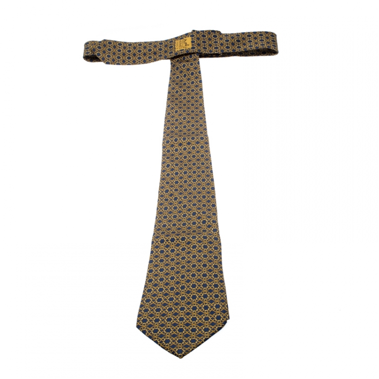 Pre Owned Hermes Vintage Navy Blue Loop Link Printed Silk Tie