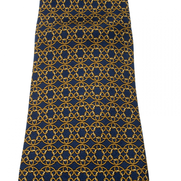 Pre Owned Hermes Vintage Navy Blue Loop Link Printed Silk Tie