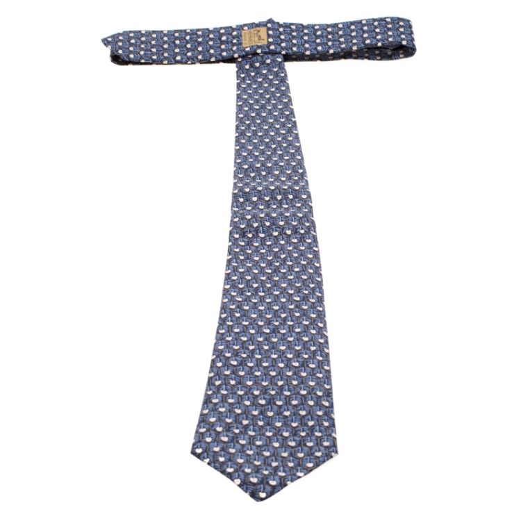 Pre Owned Hermes Vintage Navy Blue Honeycomb Pattern Silk Tie