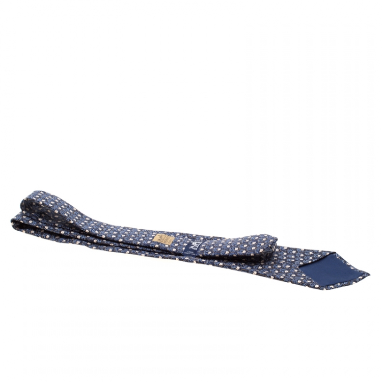 Pre Owned Hermes Vintage Navy Blue Honeycomb Pattern Silk Tie