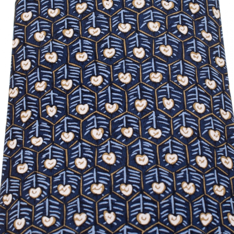 Pre Owned Hermes Vintage Navy Blue Honeycomb Pattern Silk Tie