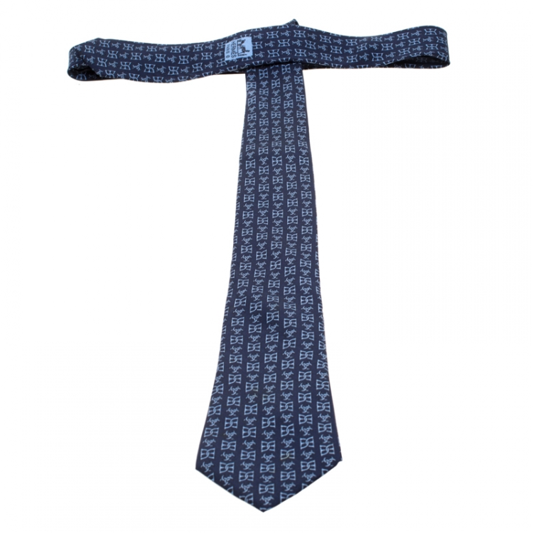 Pre Owned Hermes Vintage Navy Blue Equestrian Stirrup Print Silk Tie