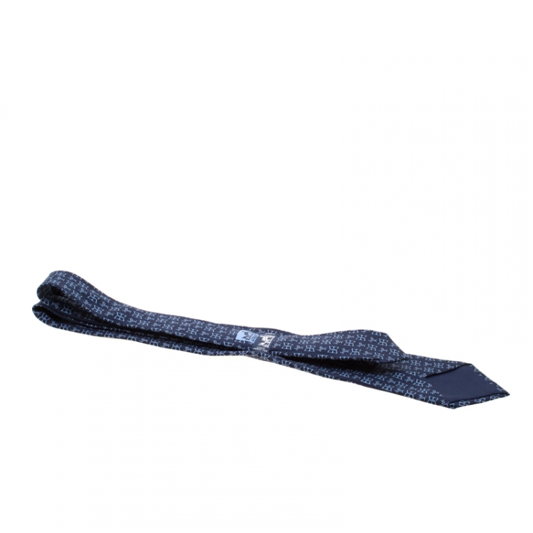 Pre Owned Hermes Vintage Navy Blue Equestrian Stirrup Print Silk Tie