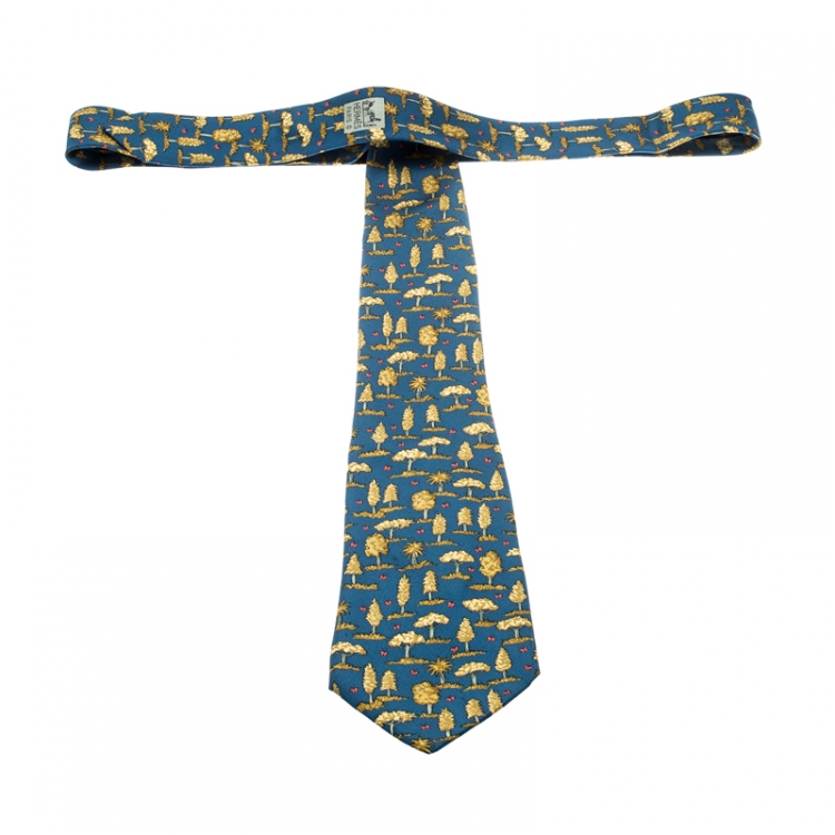 Pre Owned Hermes Blue Silk Gold Tree Print Tie 