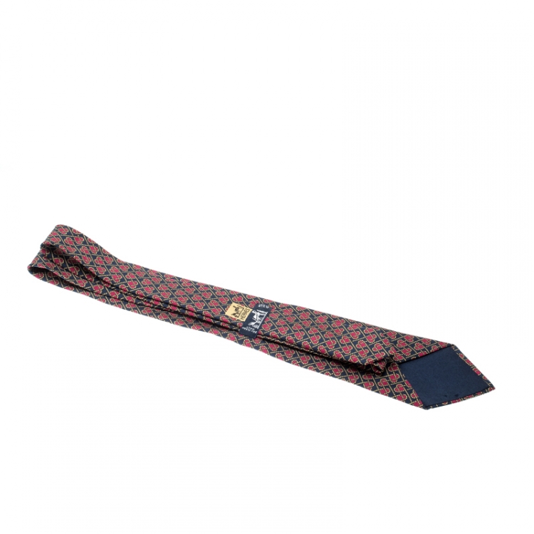 Pre Owned Hermes Navy Blue and Pink Silk Rope Heart Print Tie 