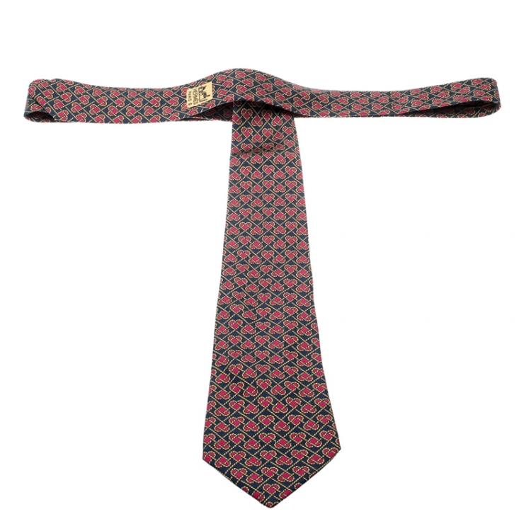 Pre Owned Hermes Navy Blue and Pink Silk Rope Heart Print Tie 
